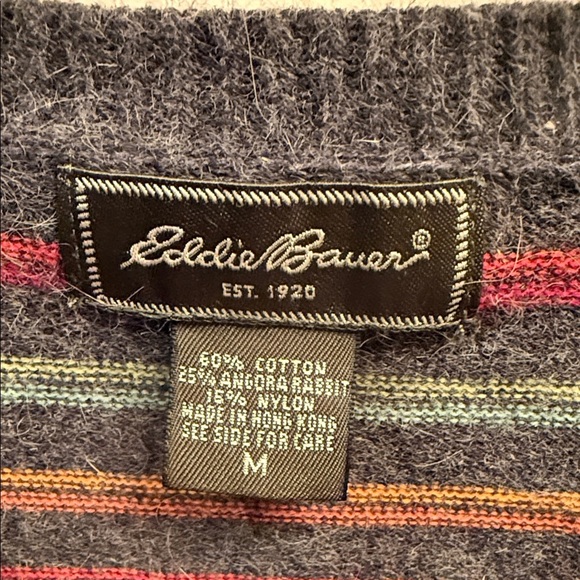 Eddie Bauer Women's V-Neck Sweater - Gray with Multicolor Stripes. Size Medium - Picture 2 of 6